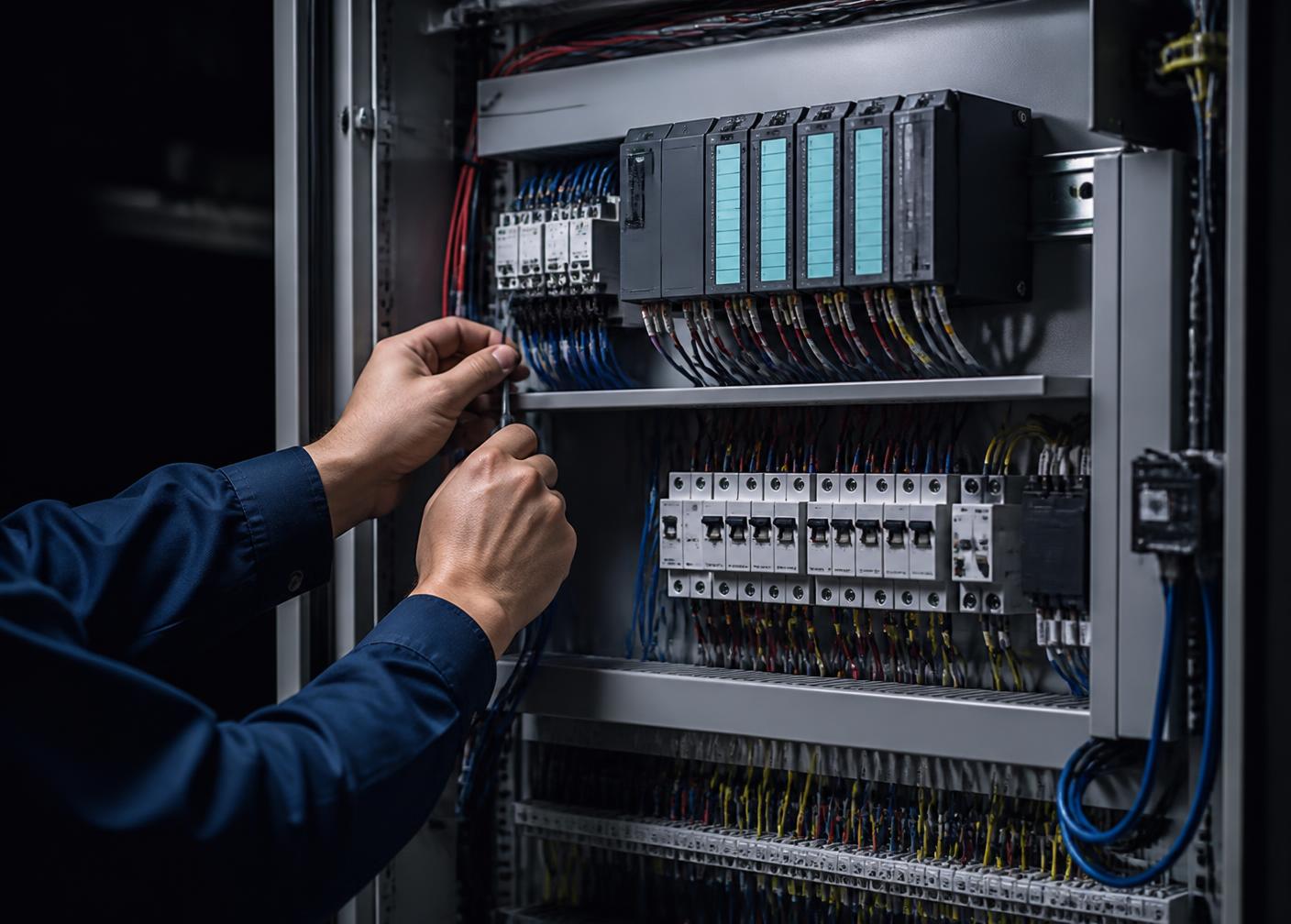 Câblage d'une armoire électrique industrielle avec automate et disjoncteurs