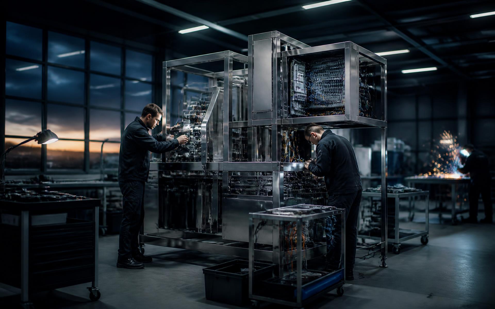 Techniciens TUNITECH assemblant une machine spéciale dans l'atelier de montage
