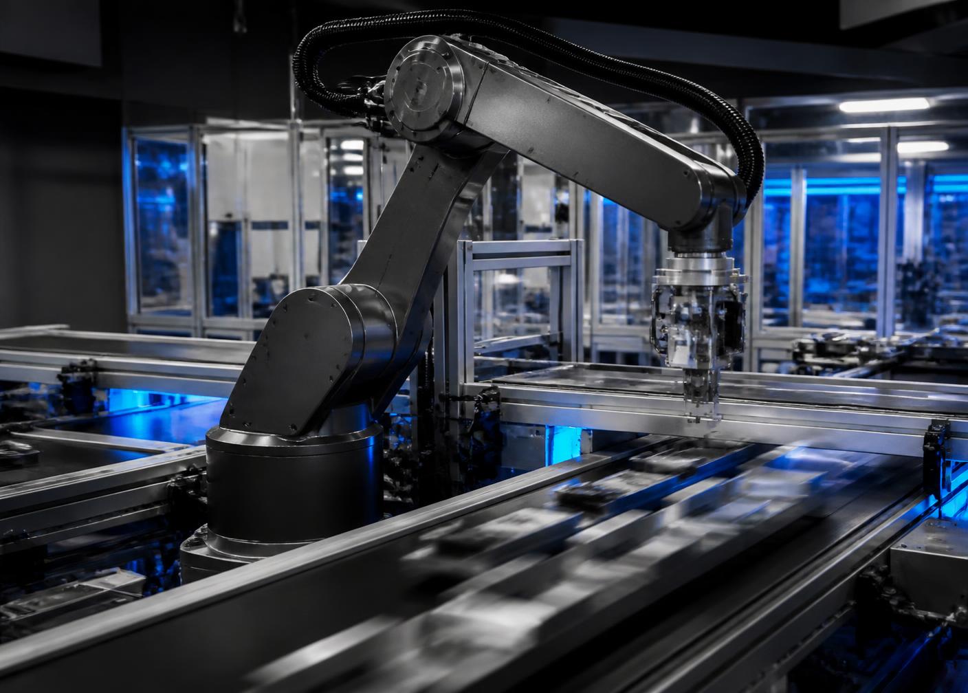 Robot industriel intégré sur une ligne de production automatisée
